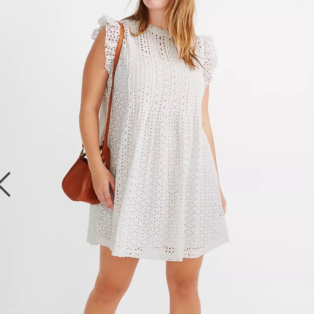 Madewell NWT Eyelet Ruffle sleeve pin tuck mini dress size large